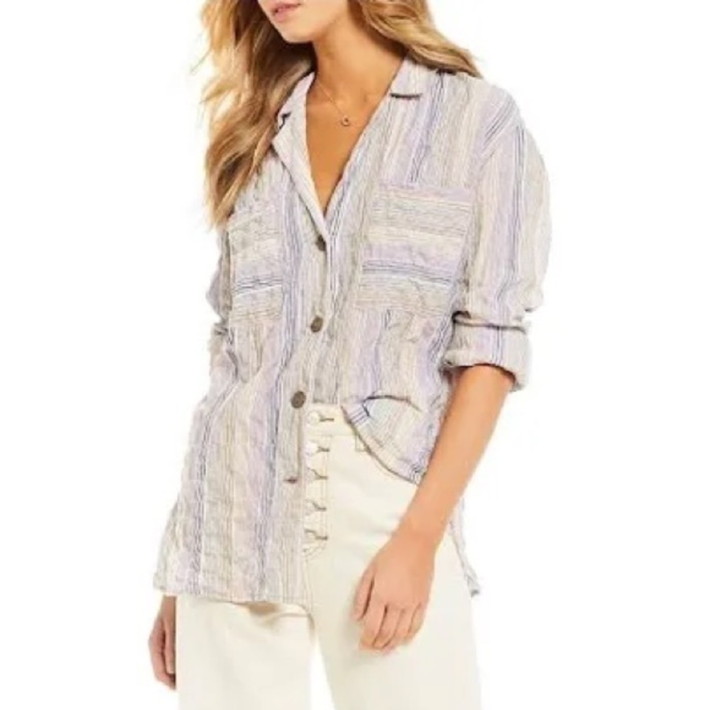 Free People Womens High Tide Striped Boho Button-Down Top Sz.S